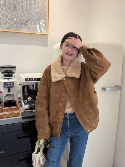 // 復古拼羊羔毛領麂皮絨外套