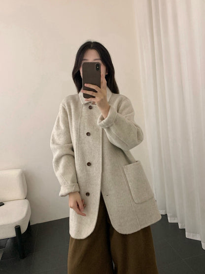 // 90%wool+10%cashmere翻領口袋中長雙面手工外套￼