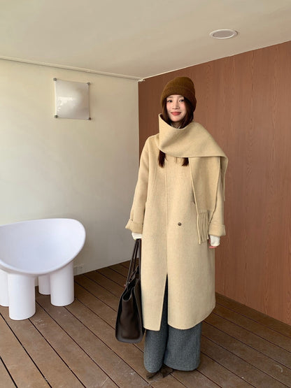 // 100%wool簡約圓領手工雙面長外套(連頸巾)