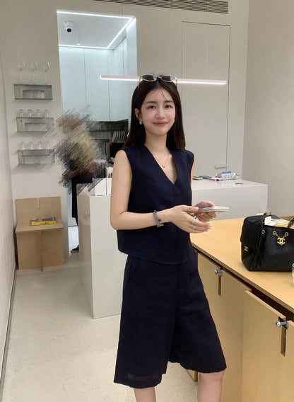 S24 / v領排扣背心+麻質五分褲套裝(可分開單買)