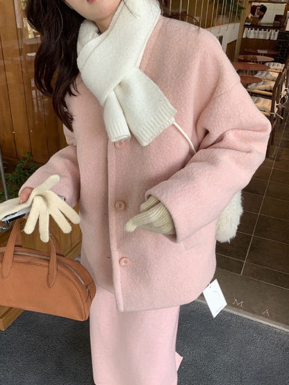 // 寬鬆版型夾棉V領毛呢外套