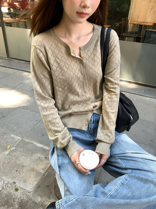 C10 / 菱格鏤空圓領針織外套
