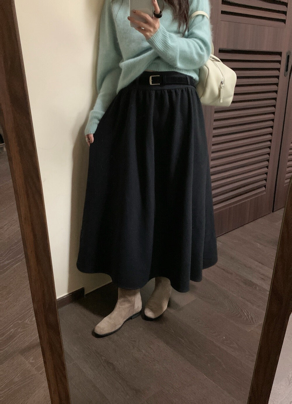 // 7%wool壓褶A字超遮肉半截裙(連腰帶)