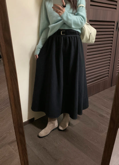 // 7%wool壓褶A字超遮肉半截裙(連腰帶)