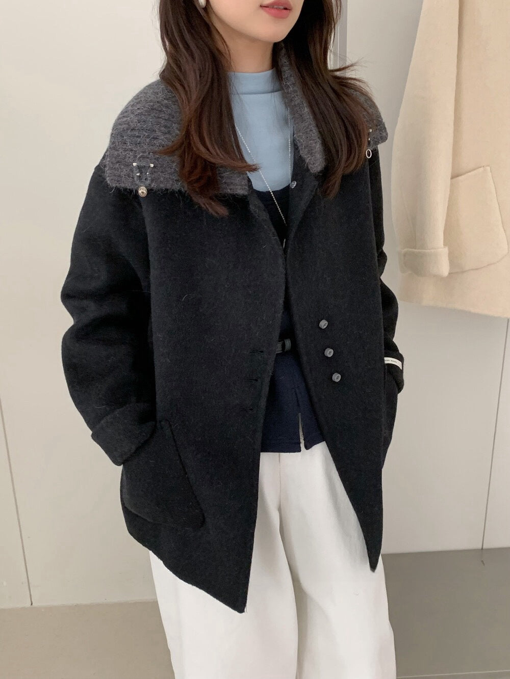 // 100%羊毛拼針織領雙面手工外套