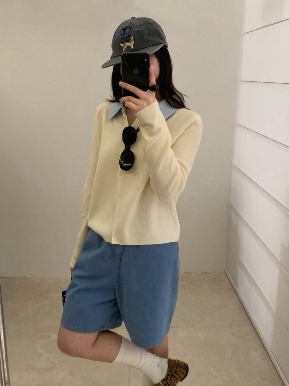 // 拼接間條恤衫領假兩件針織上衣