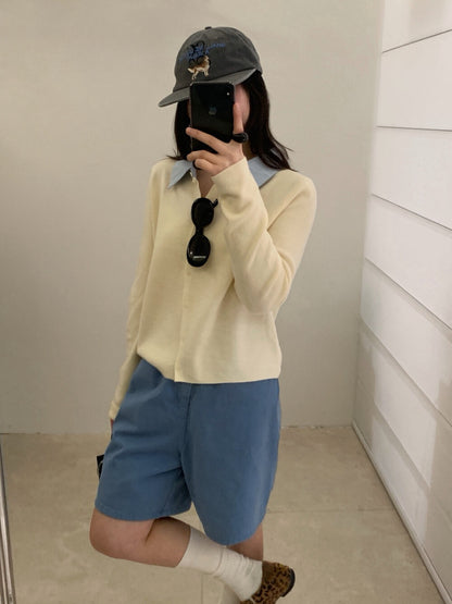 // 拼接間條恤衫領假兩件針織上衣