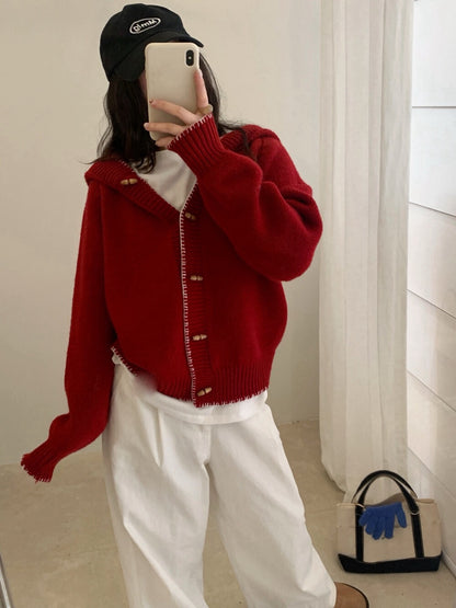 // 設計感撞色縫線包邊牛角鈕連帽CD