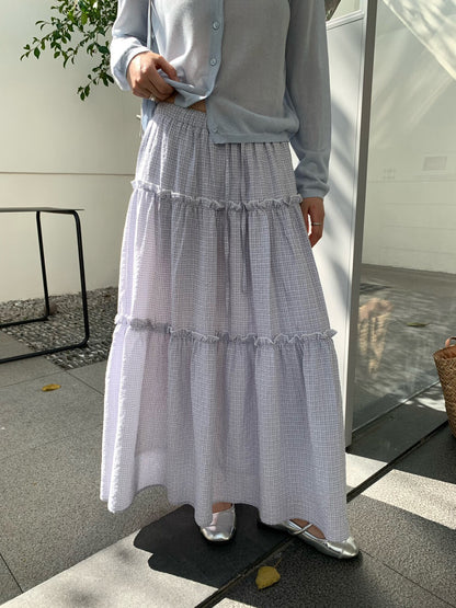 // 減齡款細格紋花邊層層中裙