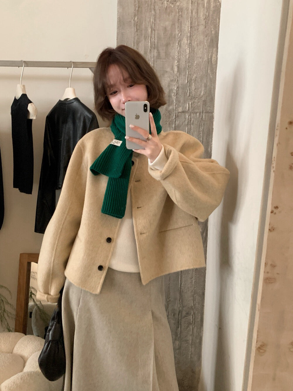 // 100%羊毛簡約圓領小口袋雙面羊毛手工外套