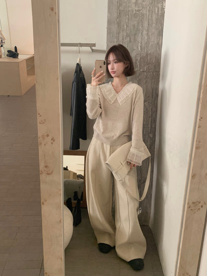 // 拼接花邊lace領+袖混羊毛NT