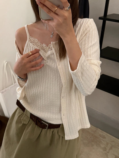 T10 / 肌理感直織紋lace邊小吊帶+小外套兩件套