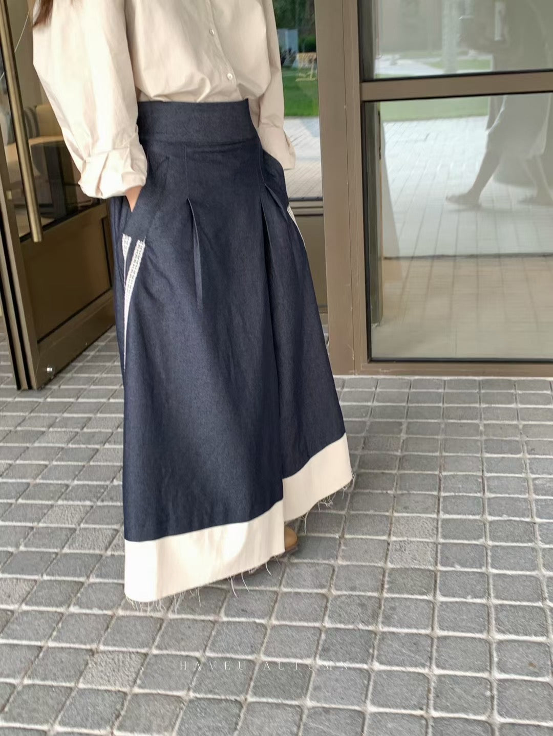 // 超重工棉麻拼lace不修邊傘裙