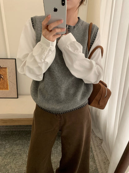 // 柔軟撞色邊拼恤衫袖假兩件上衣
