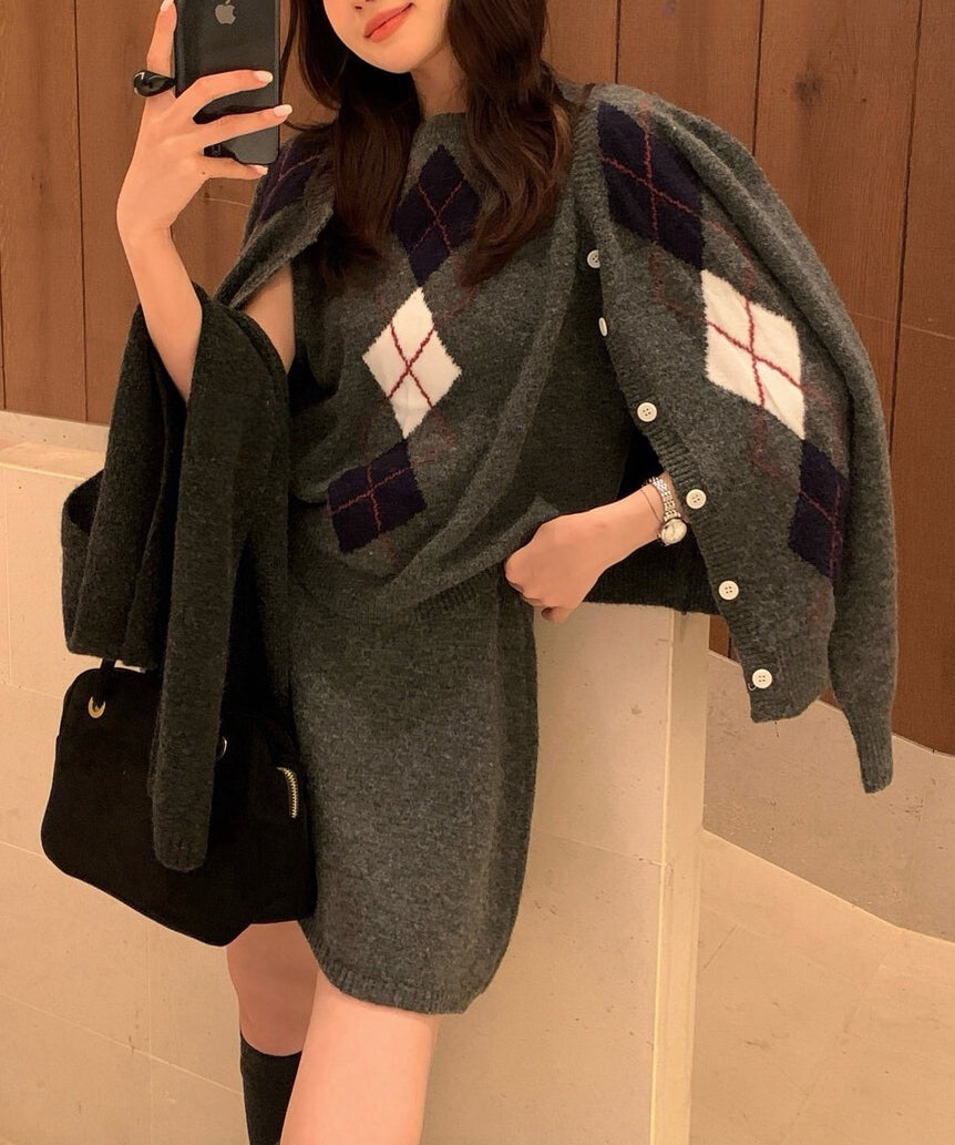// 超氣質菱格紋背心+外套+短裙三件套