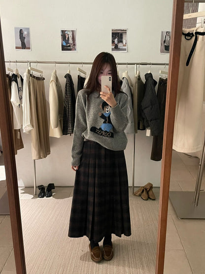 // 30%wool格紋壓褶毛呢中長裙(連腰帶)