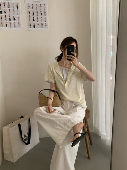 // 設計感假兩件鈕扣TEE