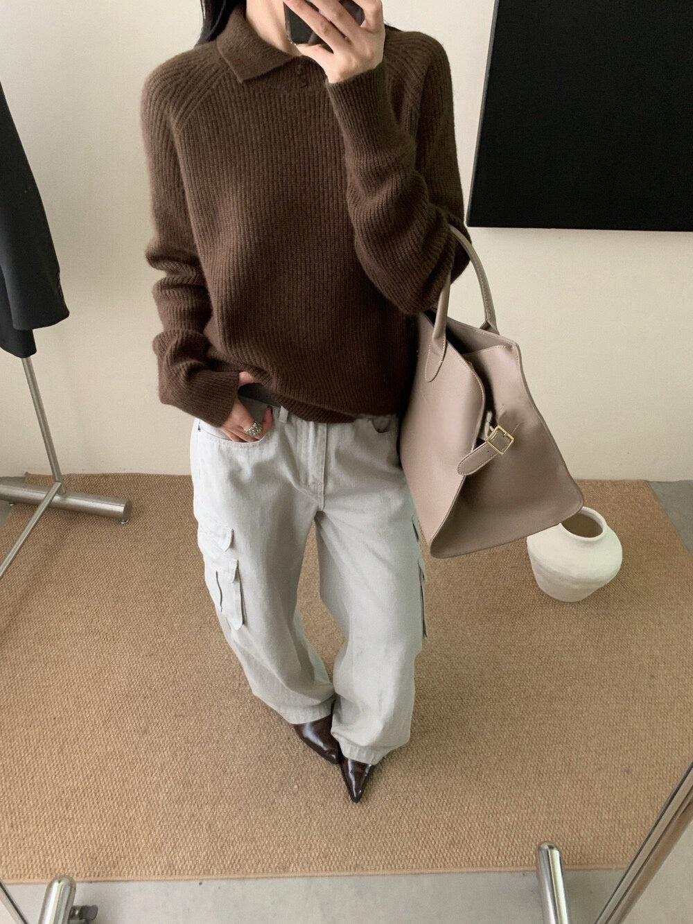 // 50%綿羊毛鈕扣翻領直紋NT