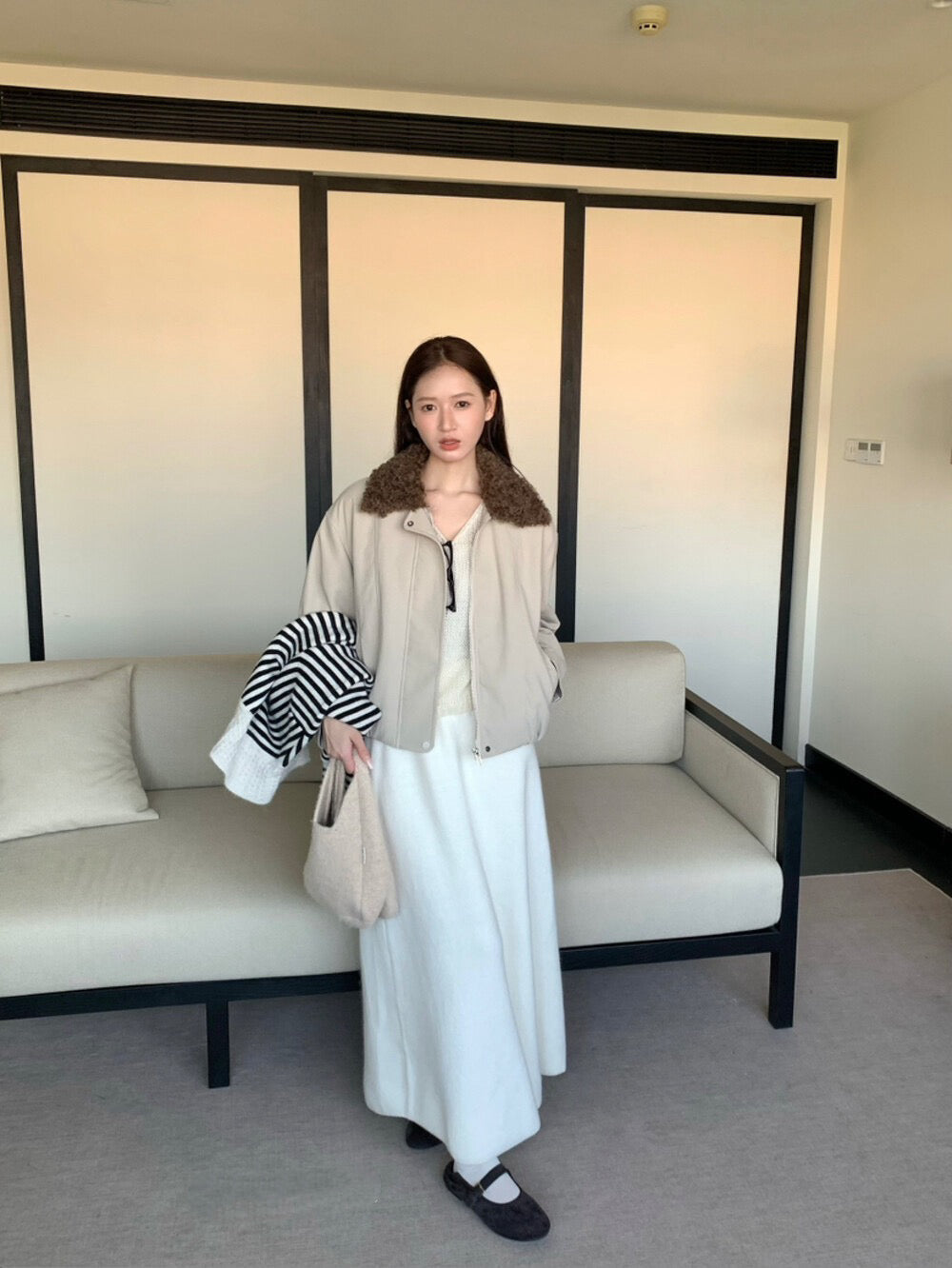 // 拼接卷毛領設計感短外套