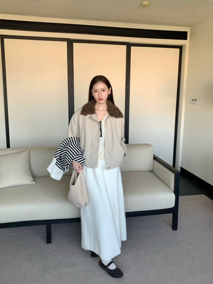 // 拼接卷毛領設計感短外套