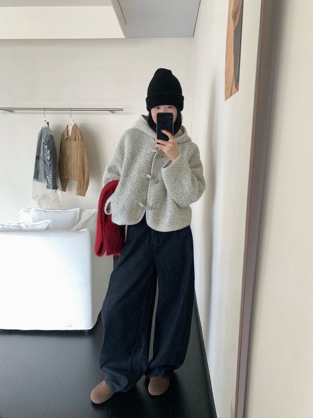 // 10%羊羔毛圈圈絨銀扣連帽外套