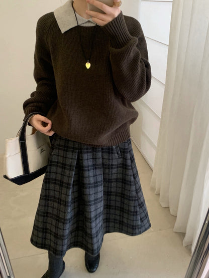 // 部分撞色翻領插肩毛衣