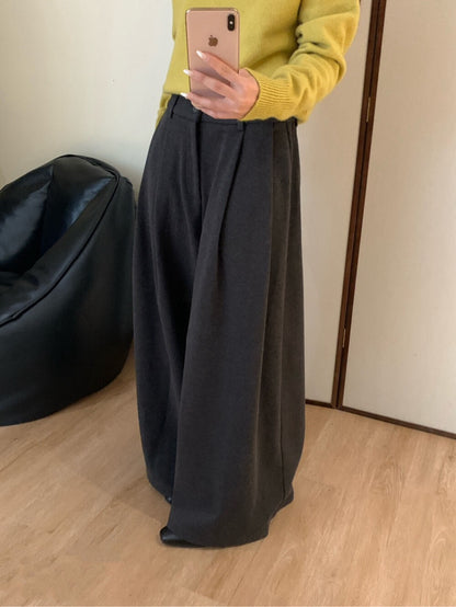 // 超遮肉壓褶闊腳毛呢褲