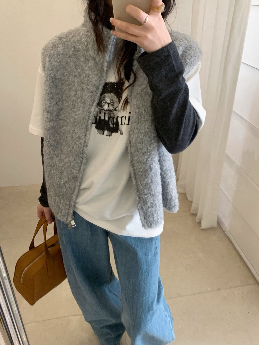 // 9%綿羊毛立領圈圈毛拉鍊背心