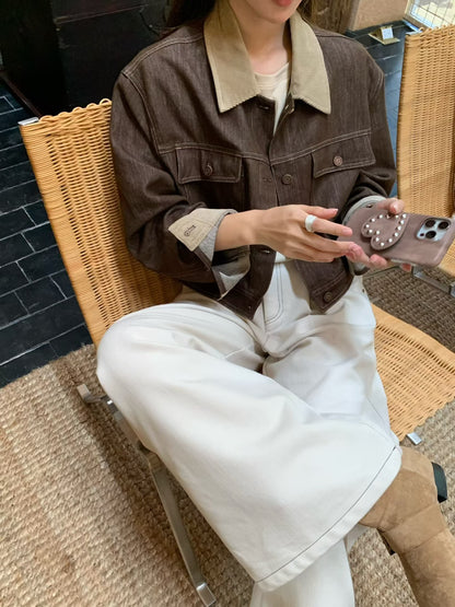 // 復古撞色燈芯絨領短款牛仔外套