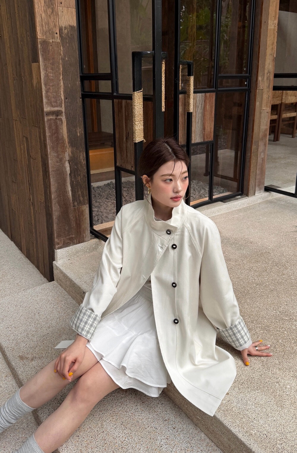 🐰 內拼格紋立領trench coat