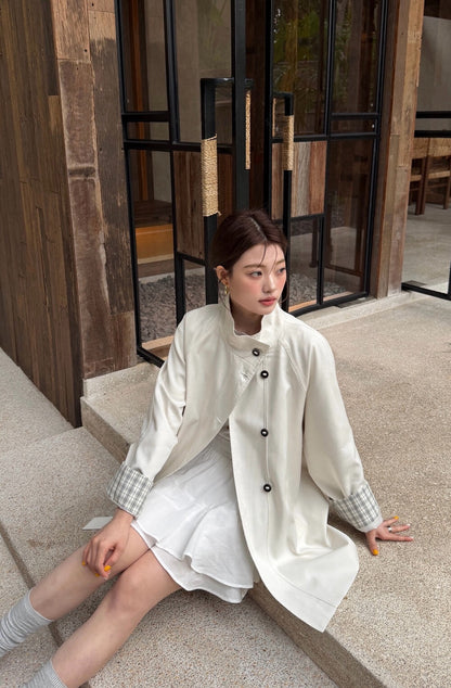 🐰 內拼格紋立領trench coat