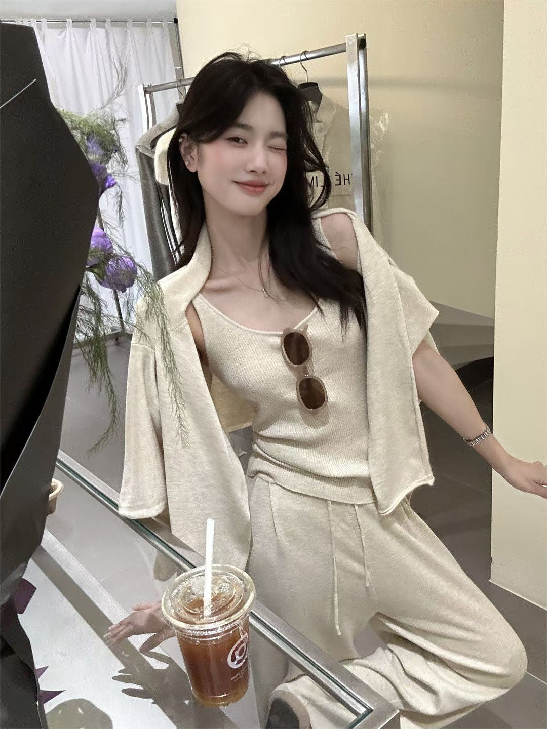 // 超氣質背心+外套+褲三件套