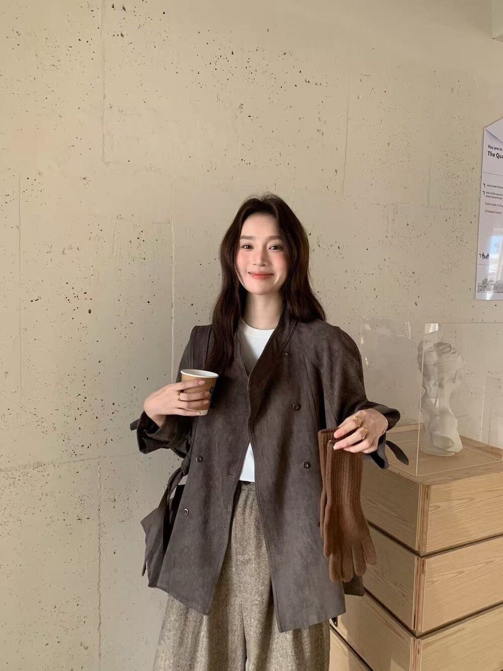 // 小立領雙排扣麂皮絨外套