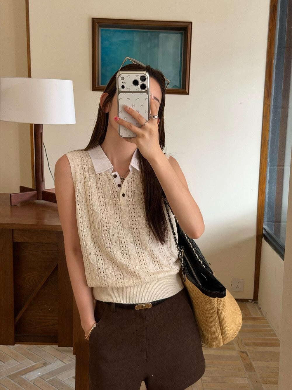 K10 / 拼接polo翻領鏤空織紋背心