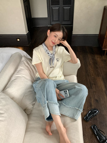 // 設計感假反褶毛邊洗水牛仔闊褲