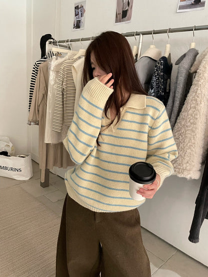 // 復古配色小V翻領間條毛衣