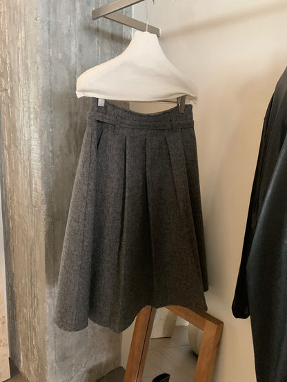 // 韓式復古粗百褶半裙(連腰帶)