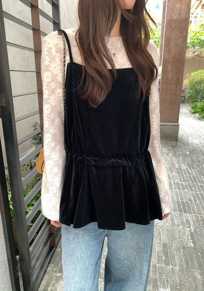 // 精緻刺繡上衣+後綁帶絲絨吊帶套裝