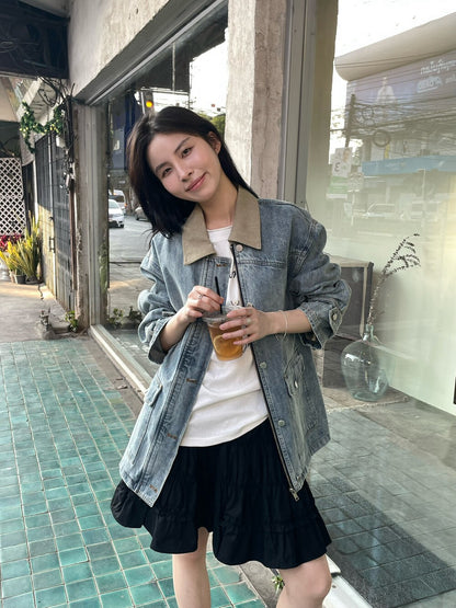 👒 拼色領復古感洗水牛仔外套