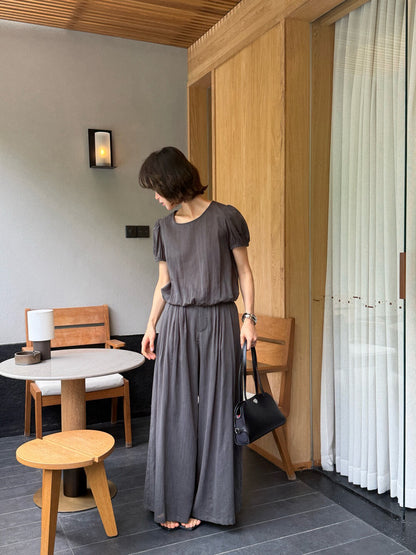 // lyocell料氣質微泡泡袖BL+壓褶全長褲套裝