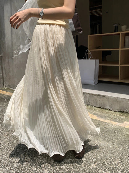 S25 / 卷卷邊大裙擺立體細百褶真絲半身裙