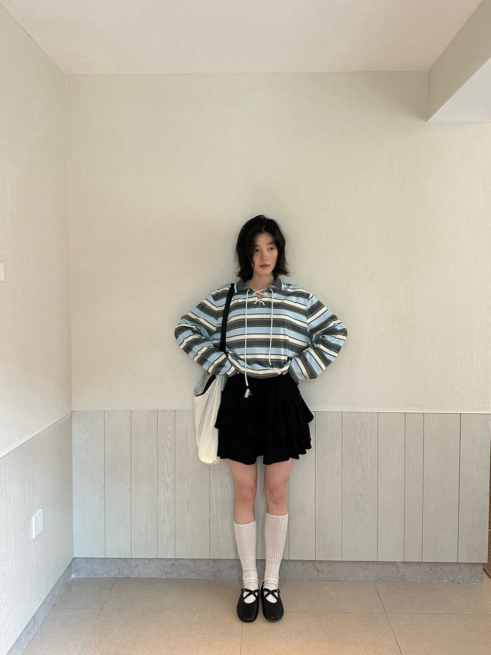 // Miu風綁帶間條polo上衣