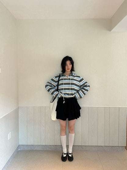 // Miu風綁帶間條polo上衣