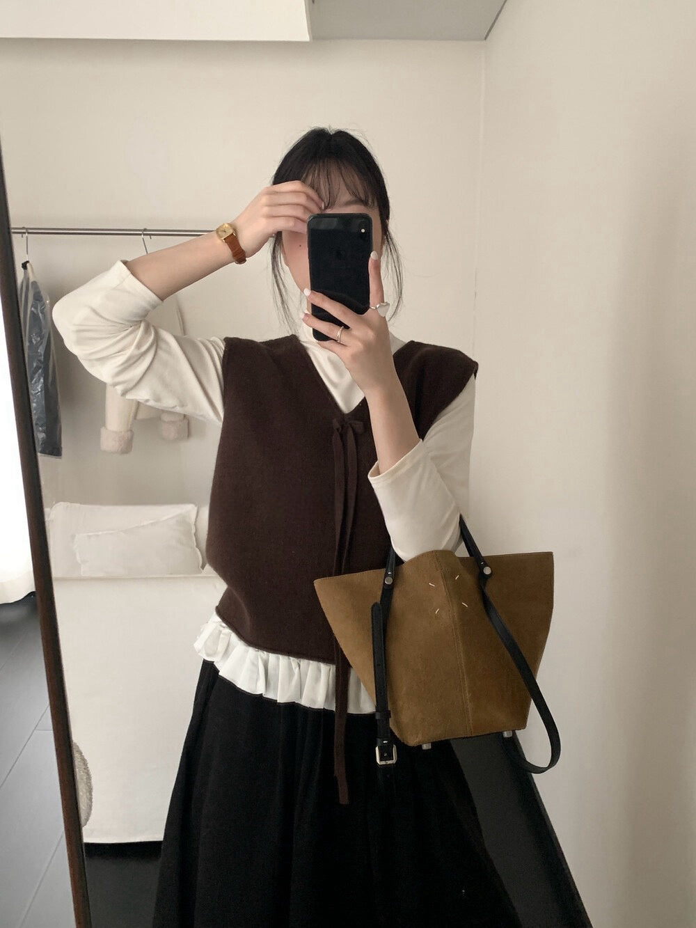 // 蝴蝶結設計拼接花邊針織背心+混羊毛打底套裝