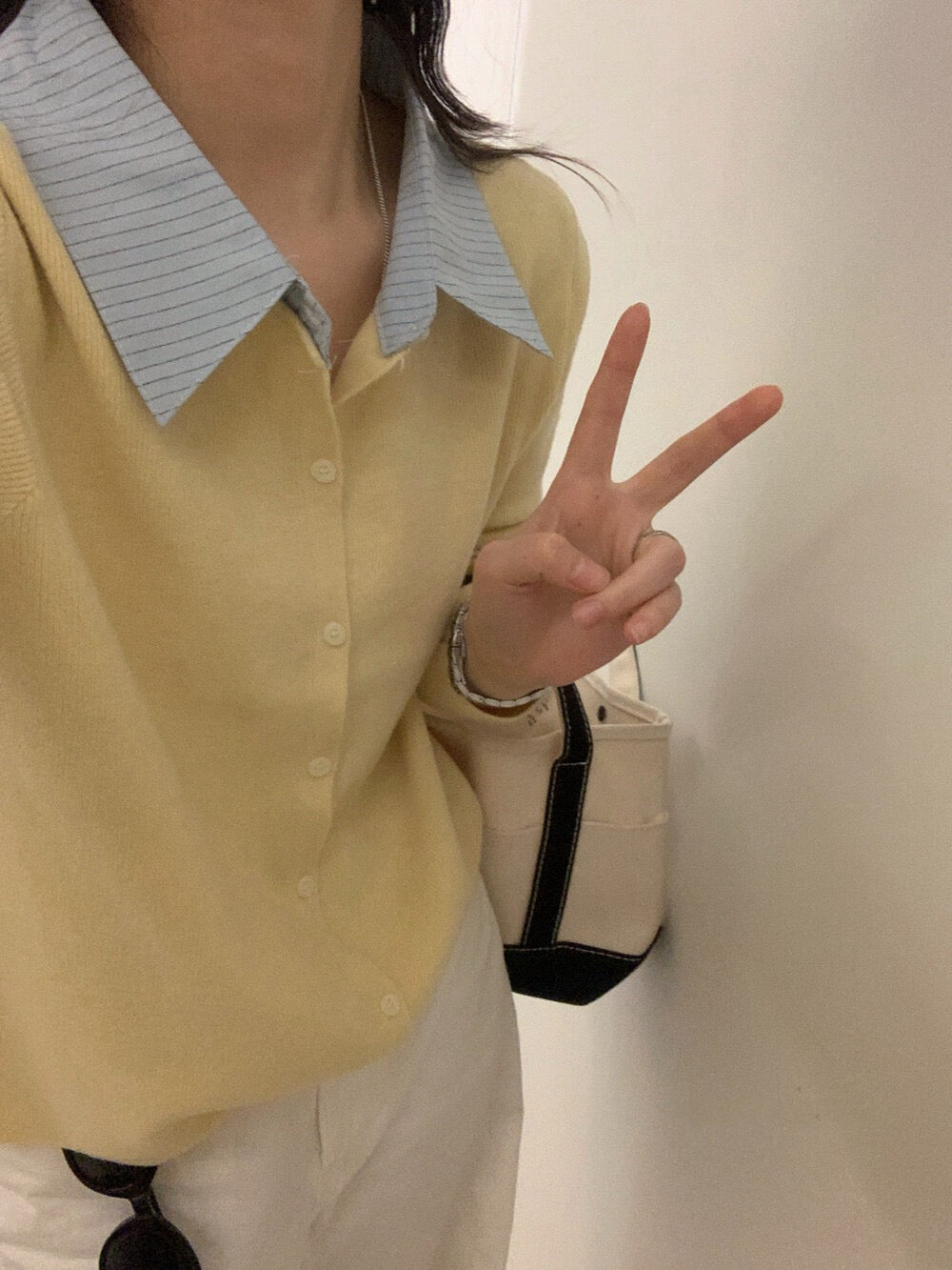 // 拼接間條恤衫領假兩件針織上衣