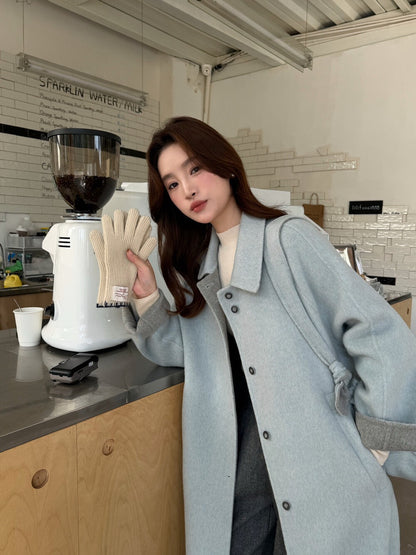 // 100%羊毛簡約翻領長款手工外套(連斜背包)