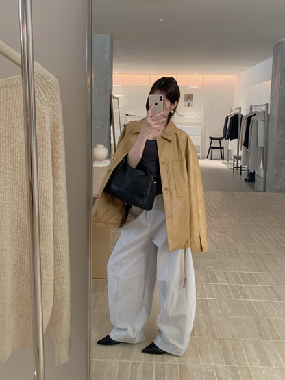 // 復古感美拉德翻領中長彷皮外套