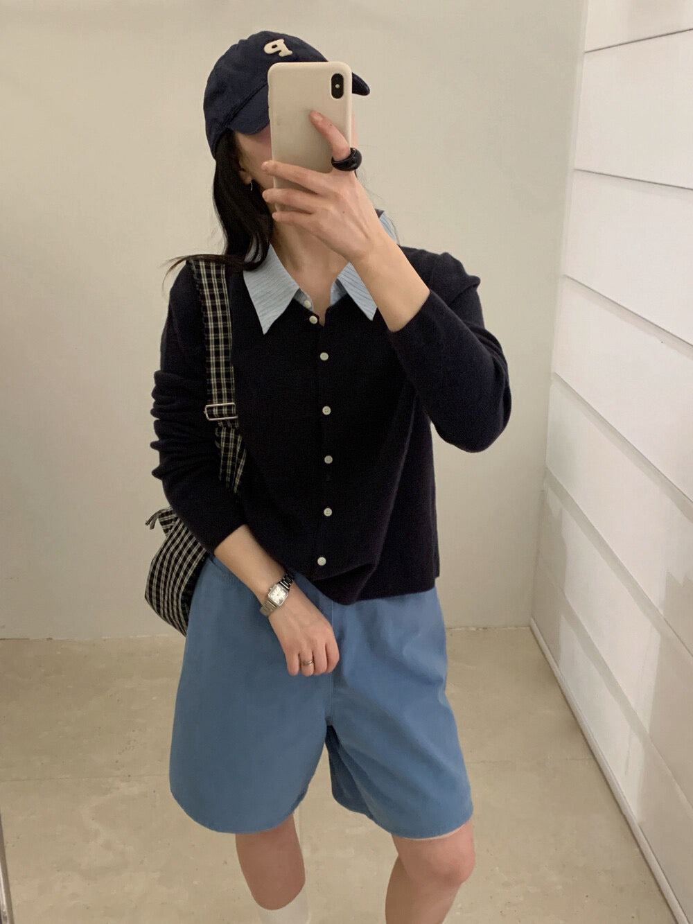 // 拼接間條恤衫領假兩件針織上衣