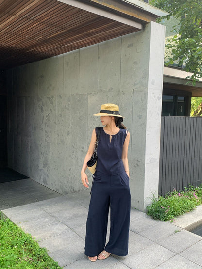 S06 / 知性風小V圓領側褶褶背心+垂感全長褲(可分開單買)