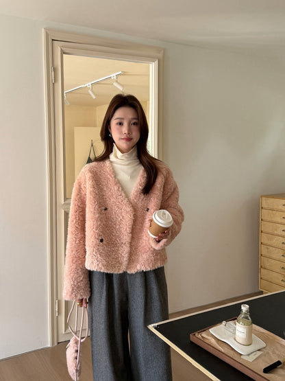 // V領雙排扣毛毛皮毛一體外套(連袋仔)